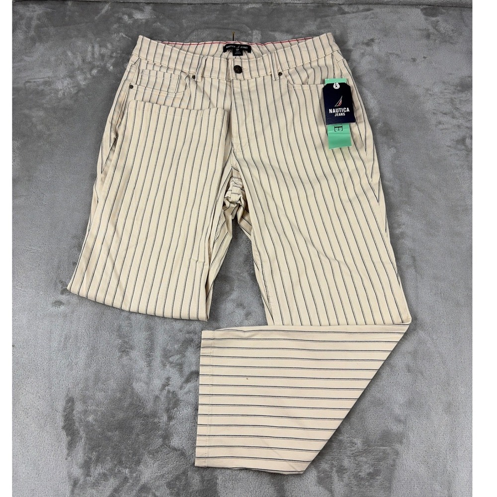 Nautica Jeans Co Womens 10P Petite Cream Navy Striped Straight Leg‎ Denim Pants